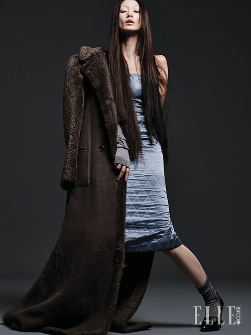 Elle Korea Jan 2016, Sera Park by Yoo Young Gyu Max Mara 2015 AW Blue Silk Dress Editorials