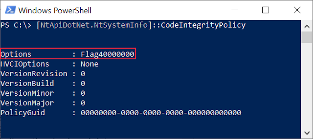 Calling NtSystemInfo::CodeIntegrityPolicy in Powershell on a non-SMode system showing Flag40000000
