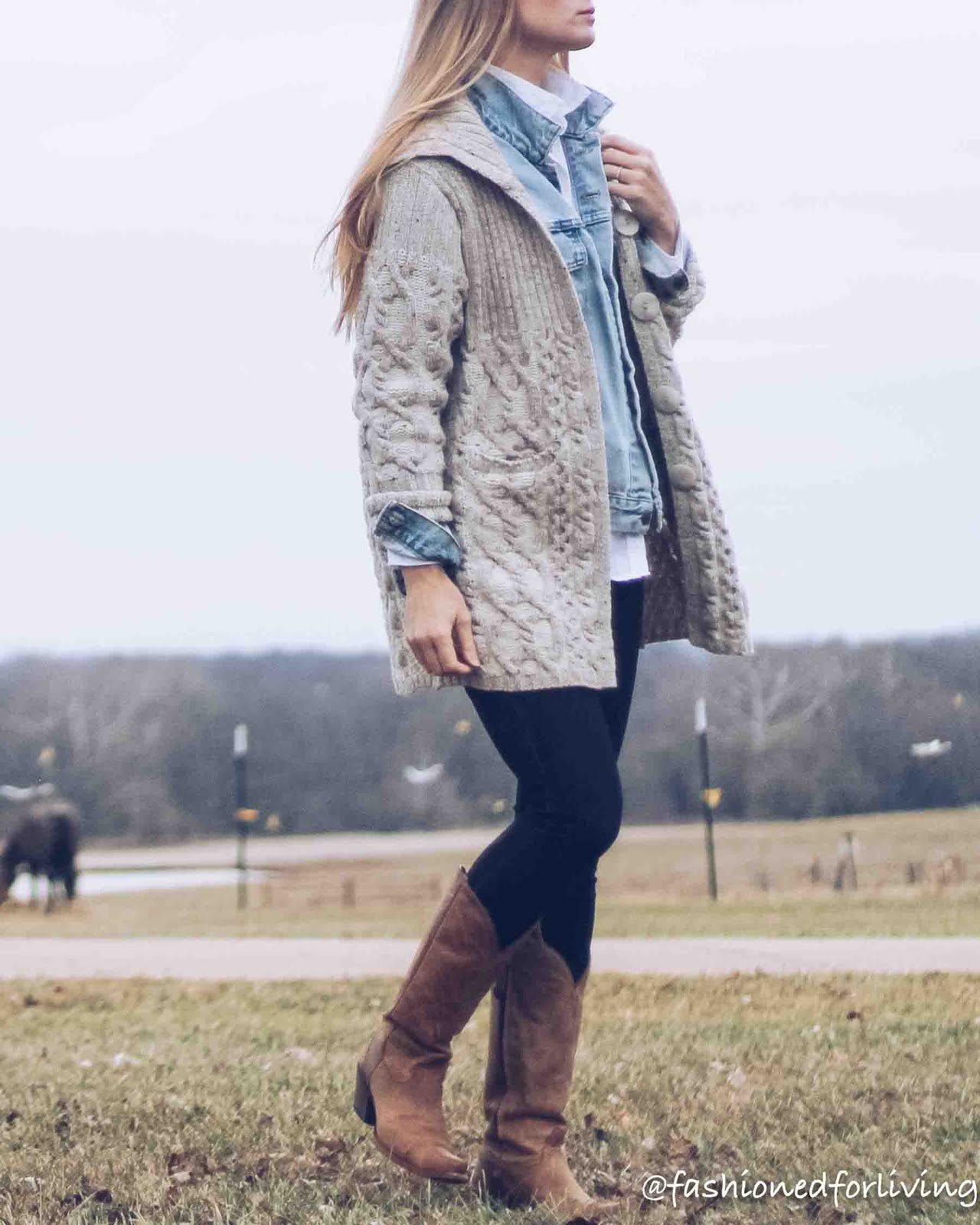 layered denim jacket outfit. layered sweater and denim jacket with tall cowgirl boots and skinny jeans-18.jpg
