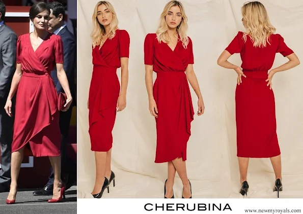 Queen Letizia wore a new crepe midi dress by Cherubina which is a Seville based Spanish fashion brand