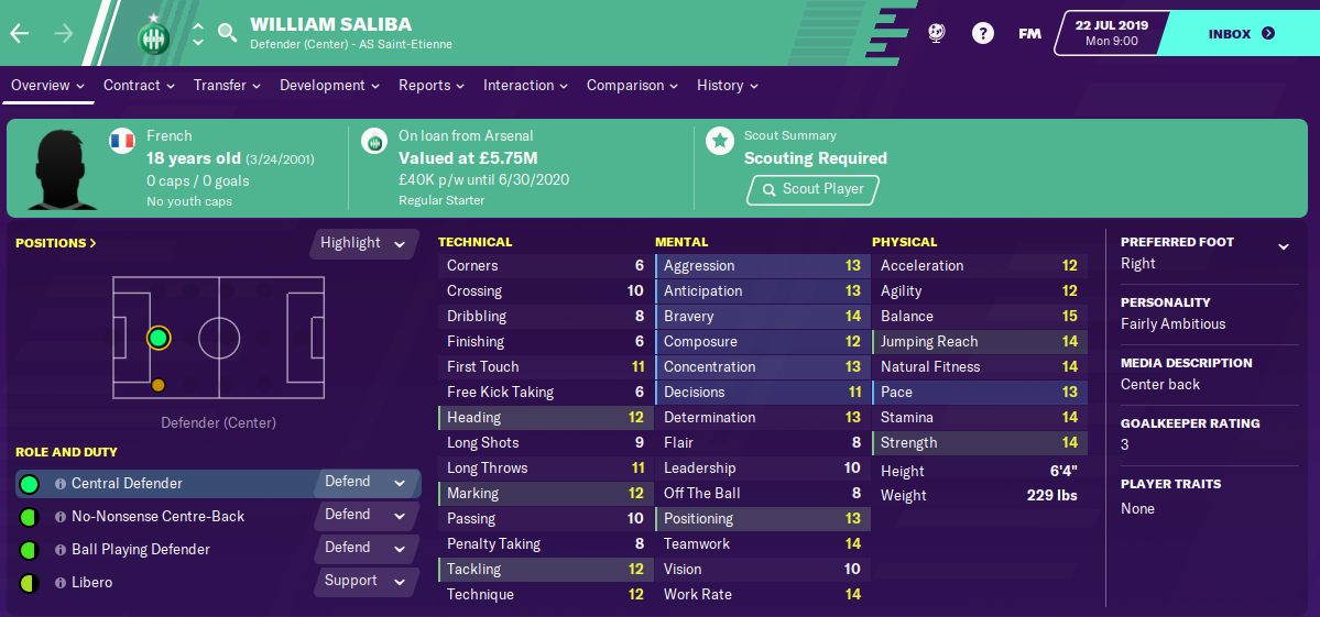William Saliba: Starting Attributes in FM2020 William Saliba: Starting Attributes in FM2020