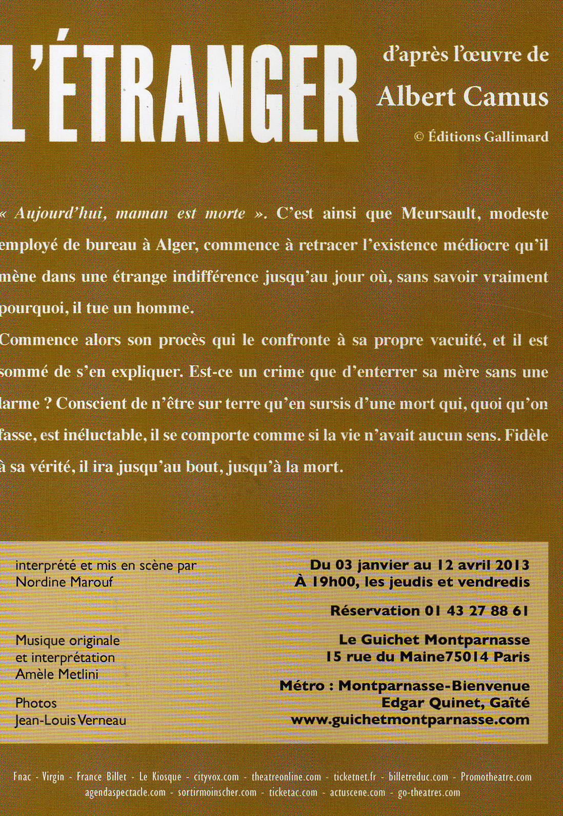 Critique de théâtre L'ETRANGER d'Albert CAMUS au THEATRE LE GUICHET MONTPARNASSE