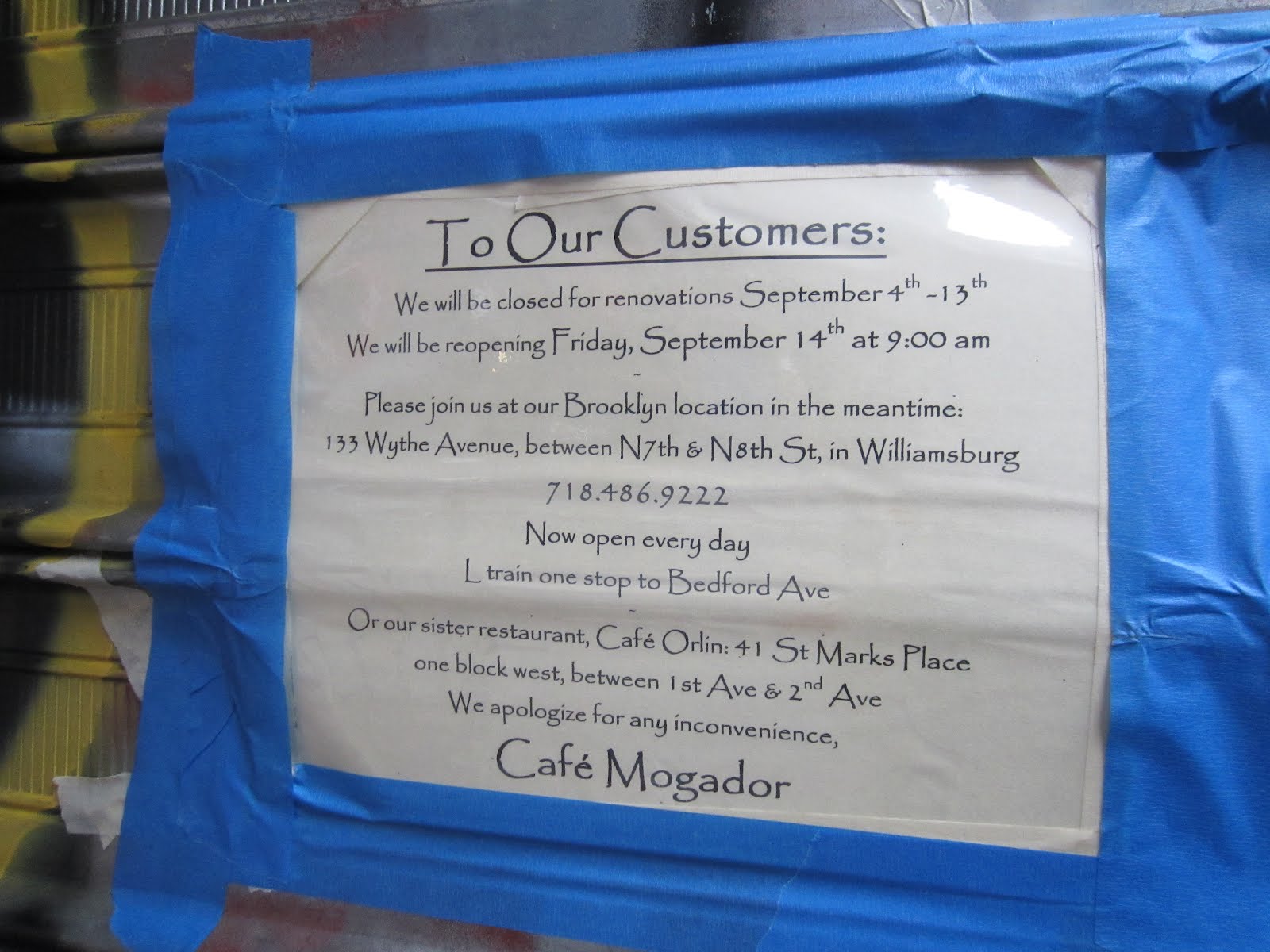 EV Grieve Cafe Mogador closed until Sept. 14 for renovations
