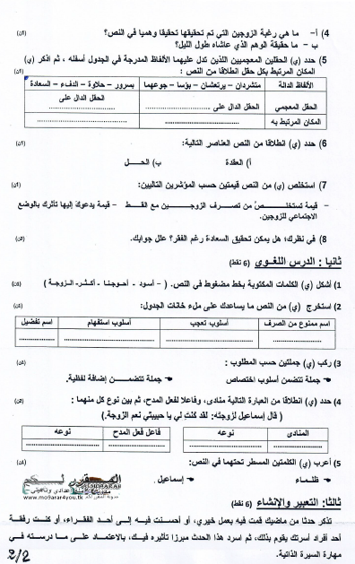 الإمتحان الموحد المحلي اللغة العربية للثالثة ثانوي إعدادي نموذج3