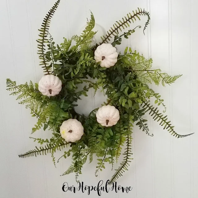 mini white baby boo faux pumpkins fern wreath