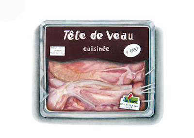 Dessin 1011 d'une barquette de tête de veau Barquette carrée avec des morceaux roses de tête de veau