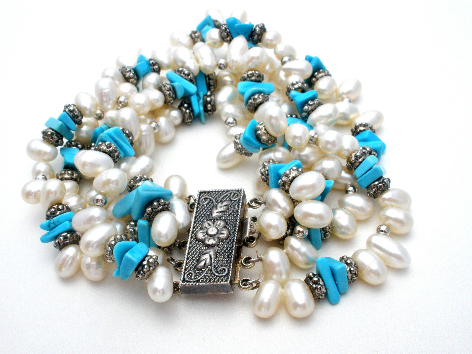 The Jewelry Lady's Store: Turquoise & Pearl Bracelet Sterling Silver