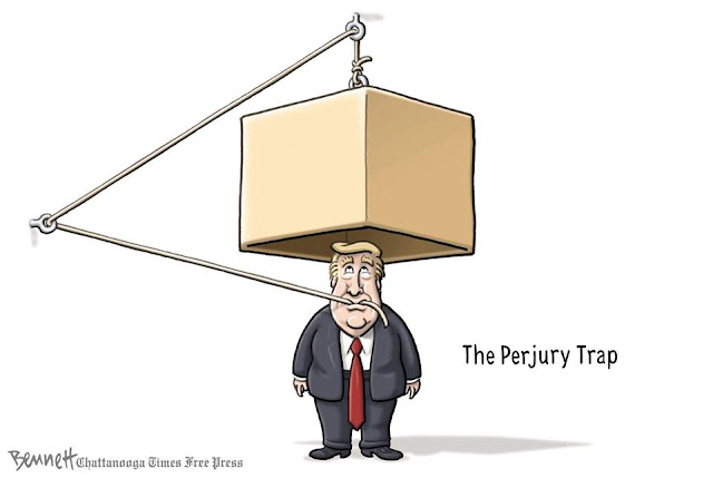 Title:  The Perjury Trap.  Image:  Donald Trump with a block suspended over his head held in place by a rope which Trump is clutching in his teeth.