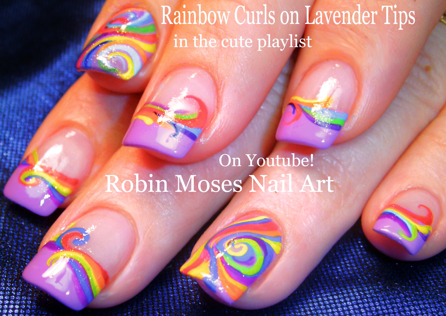 Nail Art By Robin Moses Rainbow Curls On Lavender Tips Rainbow Curls On Lavender Tips Nail Art Design Tutorial And Pink Black White Flower Nails