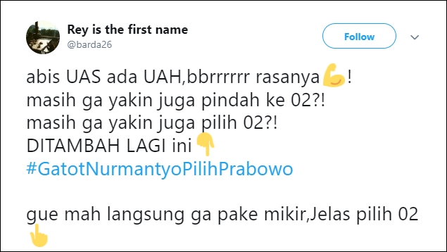 Setelah 'UASPilihPrabowo', Tagar #GatotNurmantyoPilihPrabowo Trending Topic Setelah 'UASPilihPrabowo', Tagar #GatotNurmantyoPilihPrabowo Trending Topic