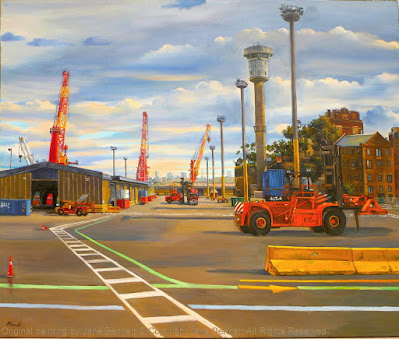 plein air oil painting of wharf buildings and Sydney Harbour Control Tower at the Hungry Mile, now Barangaroo by artist Jane Bennett