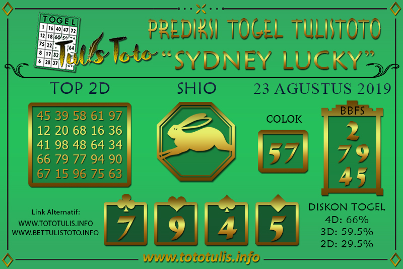 Prediksi Togel SYDNEY LUCKY TODAY TULISTOTO 23 AGUSTUS 2019