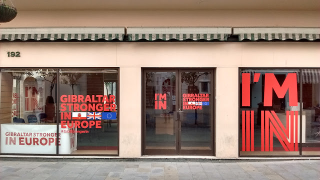 Photo of the Gibraltar Stronger in Europe campaign office on the British territory's main street. Gibraltar's population is overwhelmingly against a so-called Brexit, or departure of the UK from the European Union.