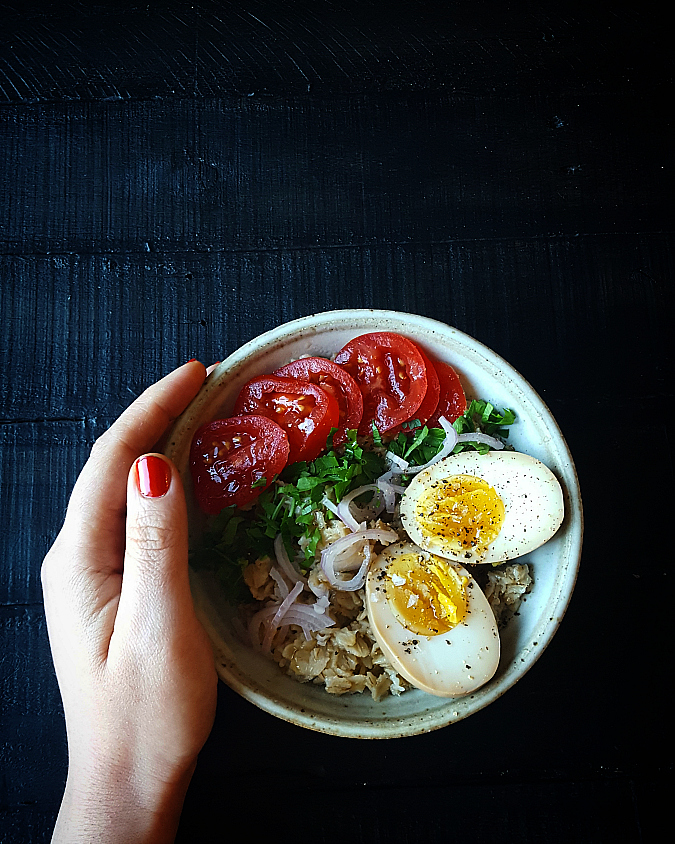 Mango & Tomato Savory Oatmeal Put A Soy Sauce Egg On It!