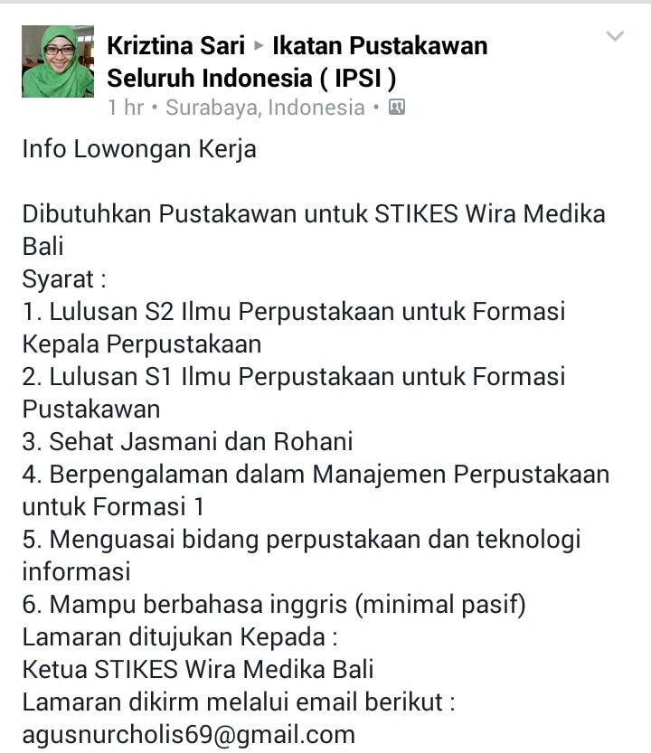 Lowongan Pustakawan dan Kepala Perpustakaan (S1/S2) di Lowongan Pustakawan dan Kepala Perpustakaan (S1/S2) di