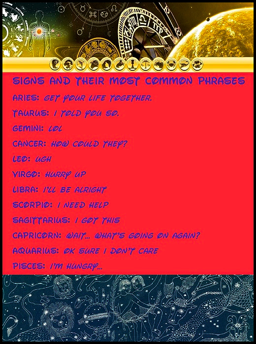 Zodiac Signs and their most common phrases. #astrology #zodiac #horoscope #funny #phrases #relatable