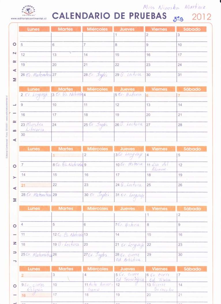 Ninoska Martínez Muñoz CALENDARIO DE PRUEBAS
