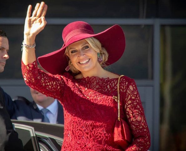 Queen Maxima wore Natan red lace dress and red Natan pumps for Völklinger Ironworks and University Medical Centre visit