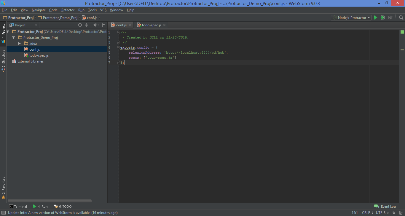 Protractor Configuring the protractor in webstorm ide and running the