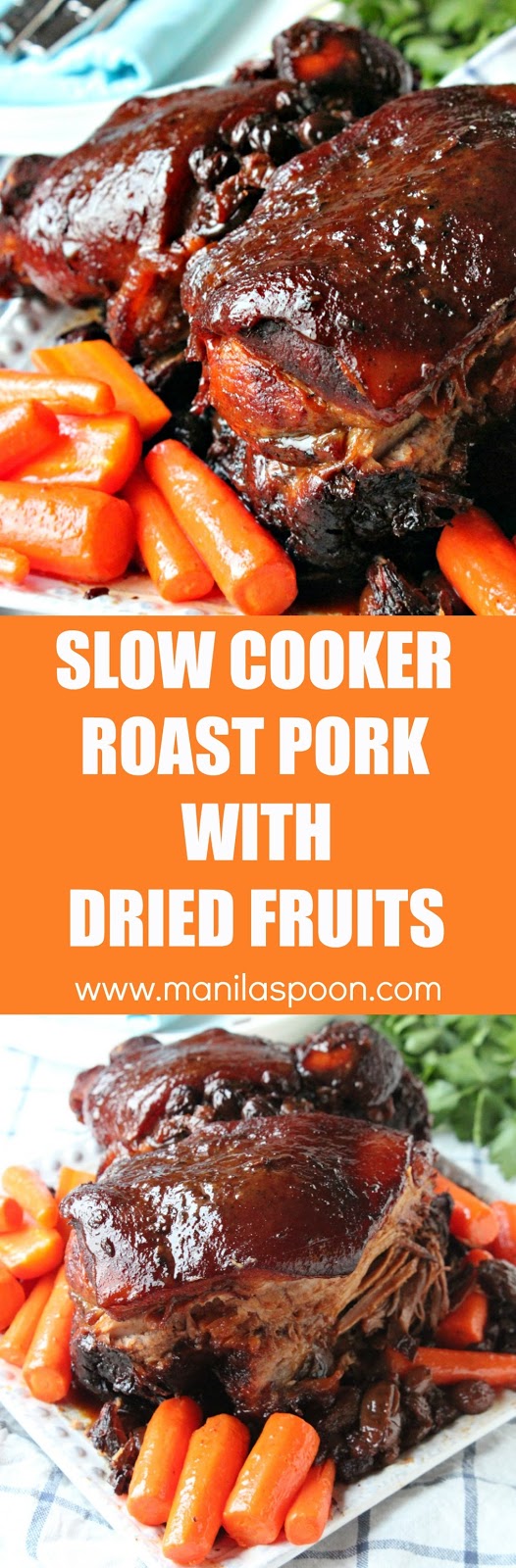 Melt-in-your-mouth, moist and delicious Slow Cooker Roast Pork with Dried Fruits that you'll make over and over again. Use a different variety of fruits - dried giant raisins, apricot, plums, cherries, etc. It's your choice. | manilaspoon.com