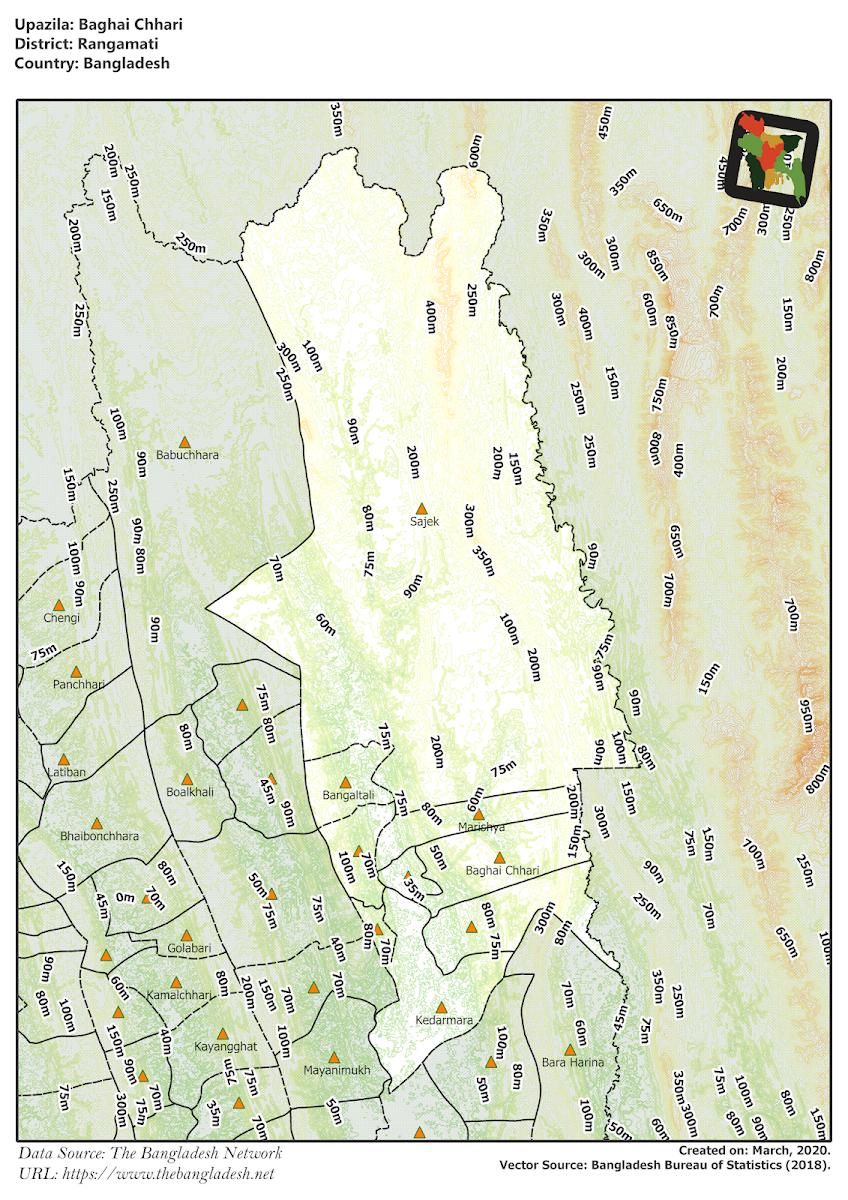 Bagaichhari Upazila Elevation Map Rangamati District Bangladesh