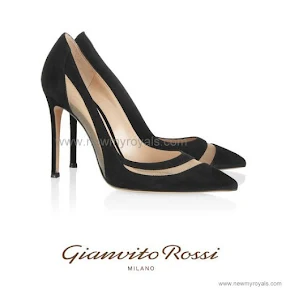 Crown Princess Mary Style Gianvito Rossi Black Mesh-Paneled Suede Pumps