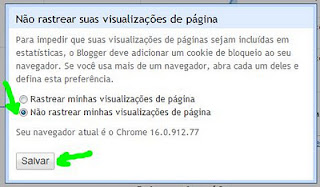 Marcando a opção não rastrear suas visualizações de página. Opção não rastrear suas visualizações de página.