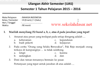 Soal UAS Bahasa Indonesia Semester 1 Kelas 6 SD