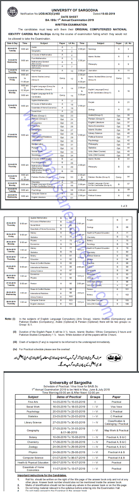 Date Sheet BA BSc Sargodha University 2019 Date Sheet BA BSc Sargodha University 2019