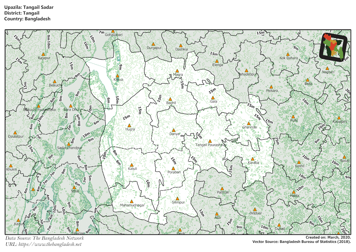 Tangail Sadar Upazila Elevation Map Tangail District Bangladesh