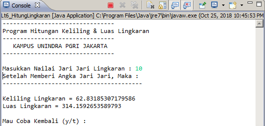 Program Java Latihan 5 Hitung Lingkaran Dengan Perulangan