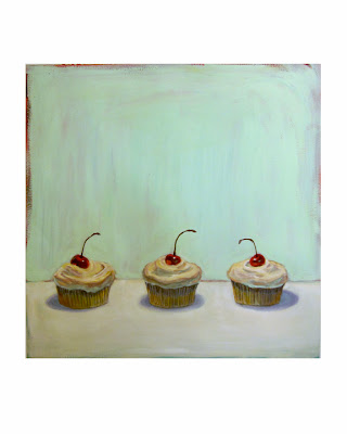 painting of three cupcakes with cherries on top