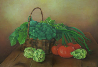 Bodegón realizado al óleo por la pintora Leticia, predominante verde hortaliza con toque de rojo tomate.
