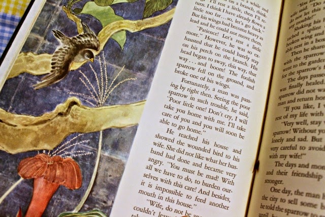 "The Sparrow Whose Tongue Was Cut Out" - Japanese Fairy Tales (A Giant Golden Book) translated by Mildred Marmur, illustrated by Benvenuti. Golden Press, 1960.