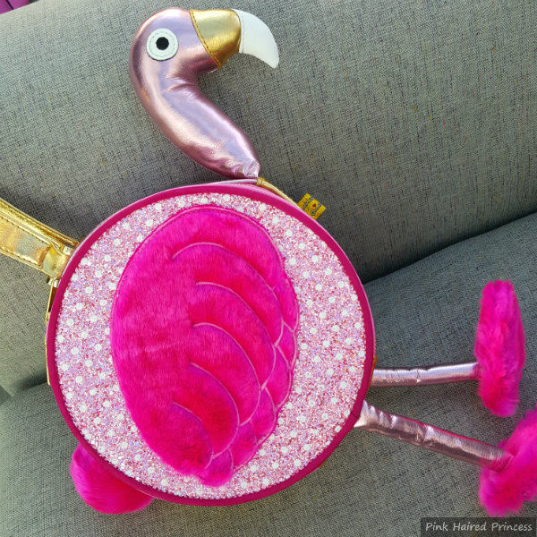 Irregular Choice Florance Flamingo Bag front pink glitter and metallic flamingo handbag with fluffy wing and feet