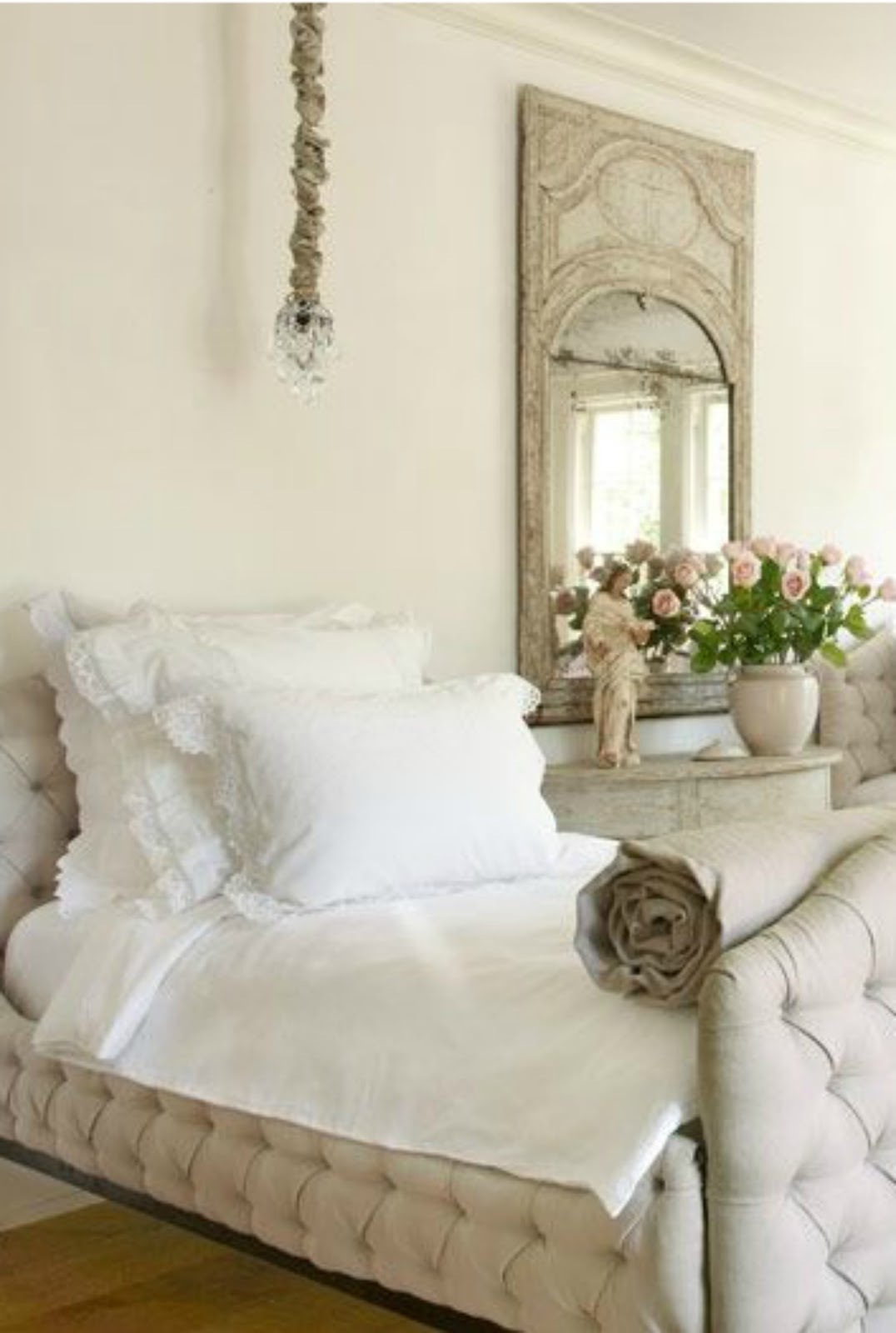 French Country bedroom decor with tufted linen upholstered beds. Pamela Pierce's gorgeous home with sophisticated French Country decor and European farmhouse charm on Hello Lovely Studio