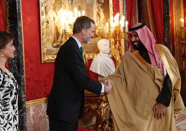 Crown Prince Muhammed bin Salman of Saudi Arabia in Spain. Queen Letizia wore Felipe Varela dress and wearing Tous Jewelry earrings, Magrit pumps