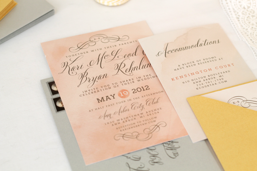 Kxo Design Fun Peach Gold Silver Watercolor Wedding Invitation Xo