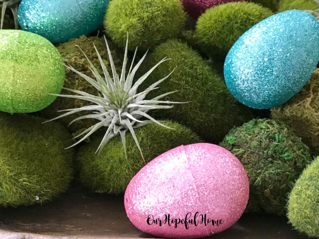 dough bowl glitter eggs moss rocks air plants Easter centerpiece