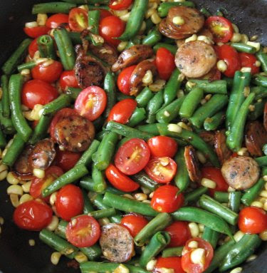 Chicken sausage, corn, green beans, and grape tomatoes