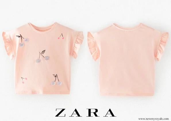 Princess Adrienne wore Zara round neck t-shirt with short ruffled sleeves and front cherry print with sequin appliqués