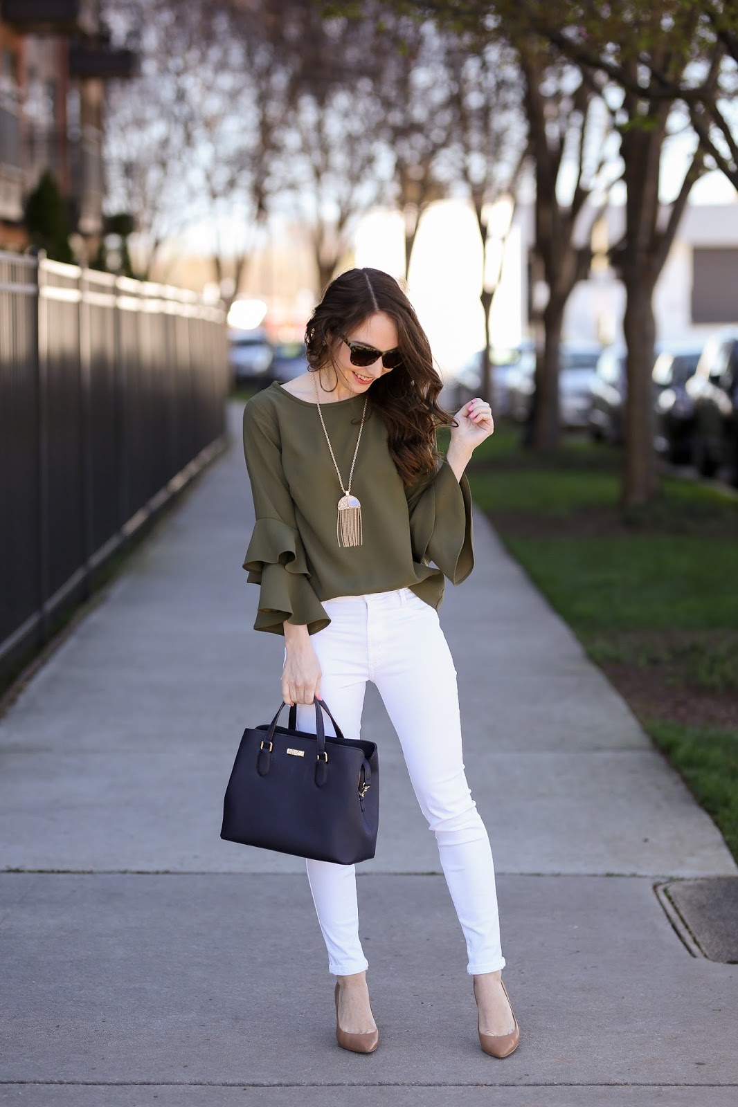 Tiered Bell Sleeves and (Petite Friendly) White Jeans | Caralina Style