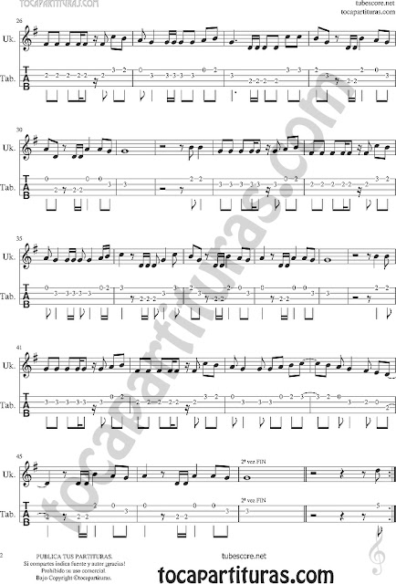 2  Flaca Tablatura y Partitura de Ukelele Punteo Tab Sheet Music for Ukelele Tablature