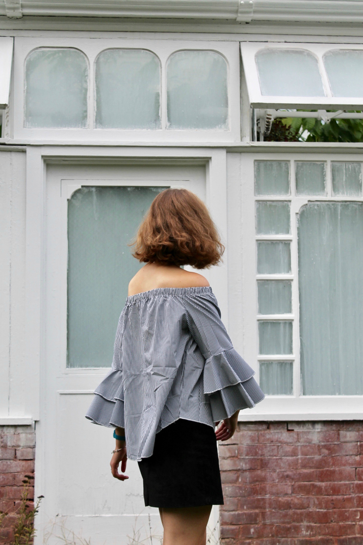 Rosegal gingham off the shoulder bell sleeve shirt, suede mini skirt and studded loafers #ootd