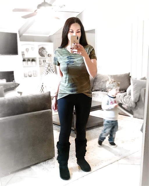 Cute, affordable, and comfy casual camo top, paired with slimming leggings and cozy ugg bailey boots www.MalenaHaas.com