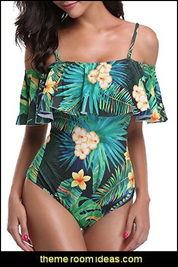 Women One Piece Vintage Floral Trees Printed Off Shoulder Flounce Ruffled Monokini Swimsuits