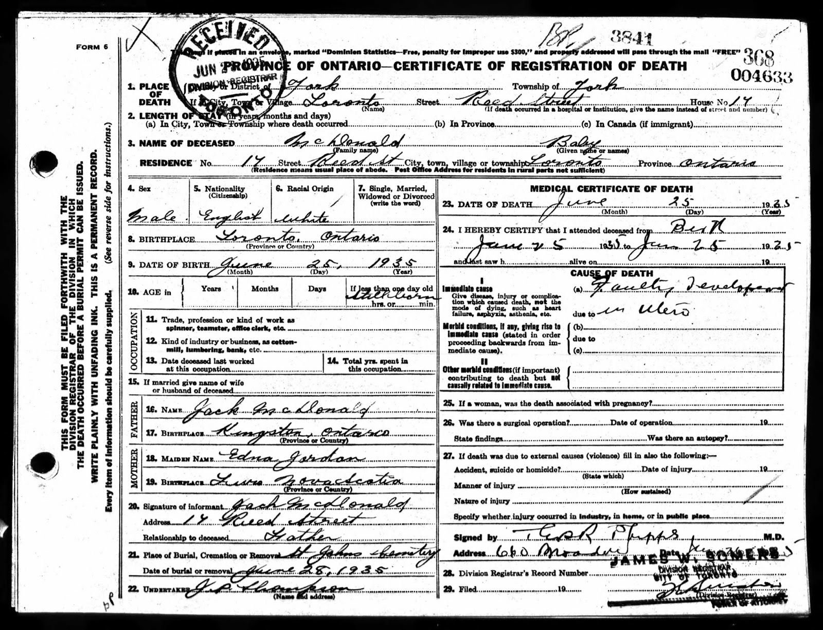 birth canada general ontario record registrar