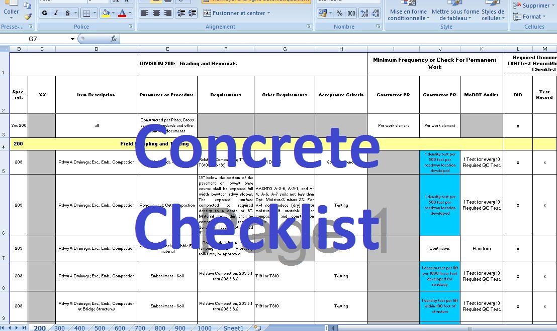 Checklist Concrete works Inspections in Excel Civil engineering program