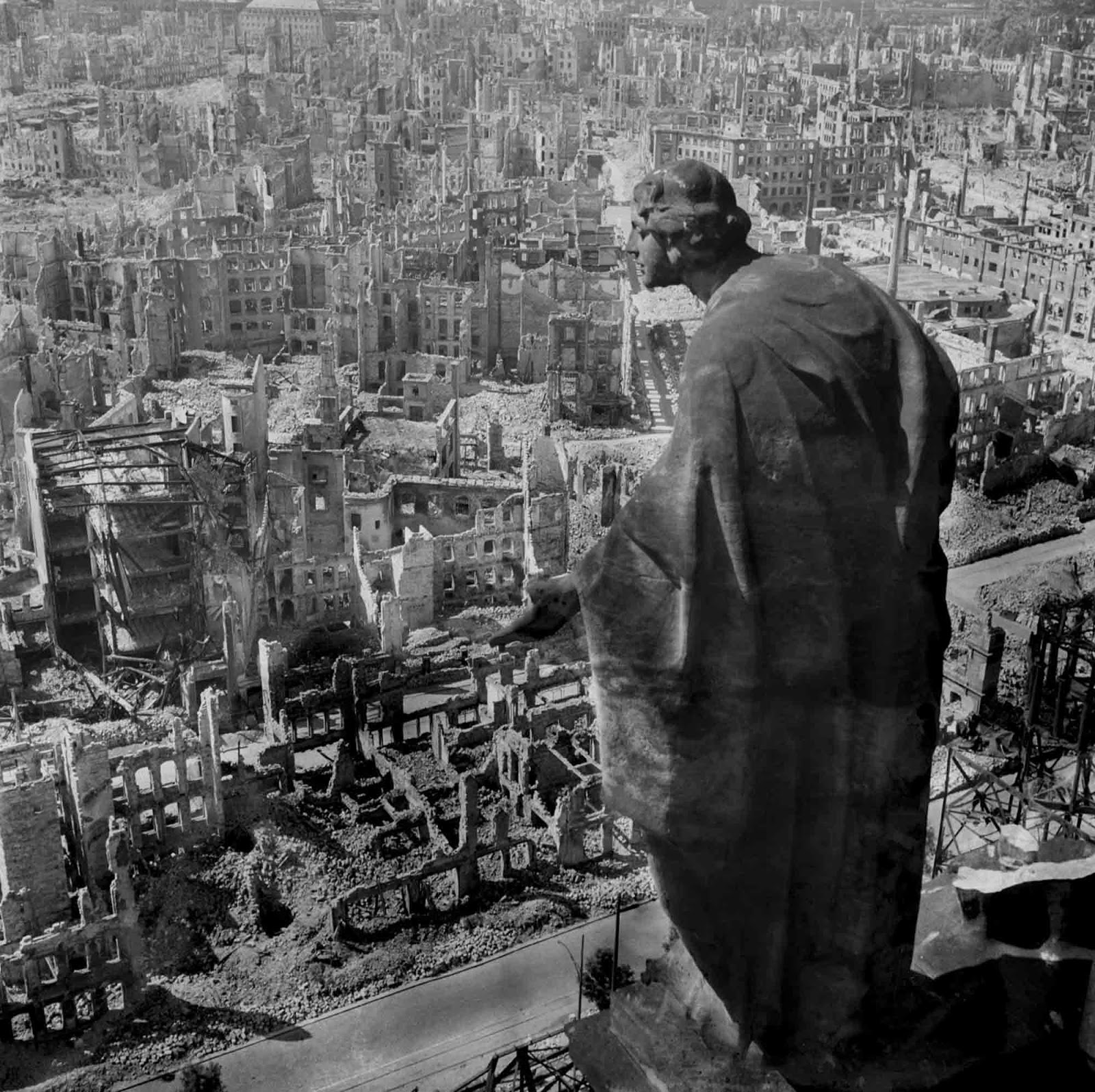 Dresden in ruins after Allied bombings, February 1945.