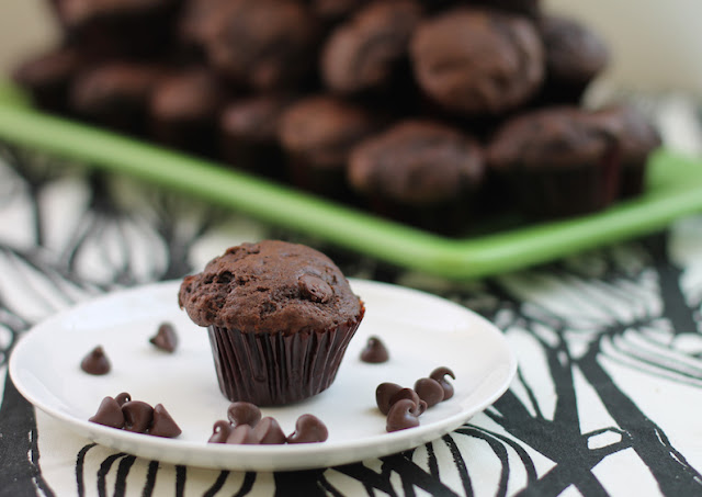 Food Lust People Love: These Chocolate Chocolate Chip Mini Muffins are made from rich chocolate batter with lots of extra chocolate chips. But because they are mini sized, they are perfect as a party snack or buffet table dessert.